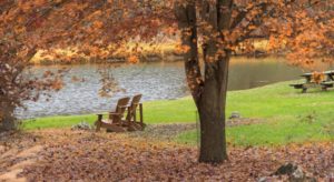 Wooden adirondack chairs sitting underneath fall foliage next to a pond