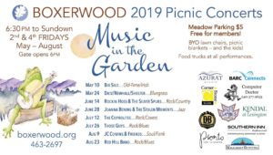 Poster listing all the 2019 dates for "Music in the Garden" at Boxerwood Gardens.