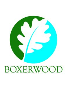 Logo for Boxerwood Nature Center in Lexington VA (a drawing of a white oak leaf with green and blue background)