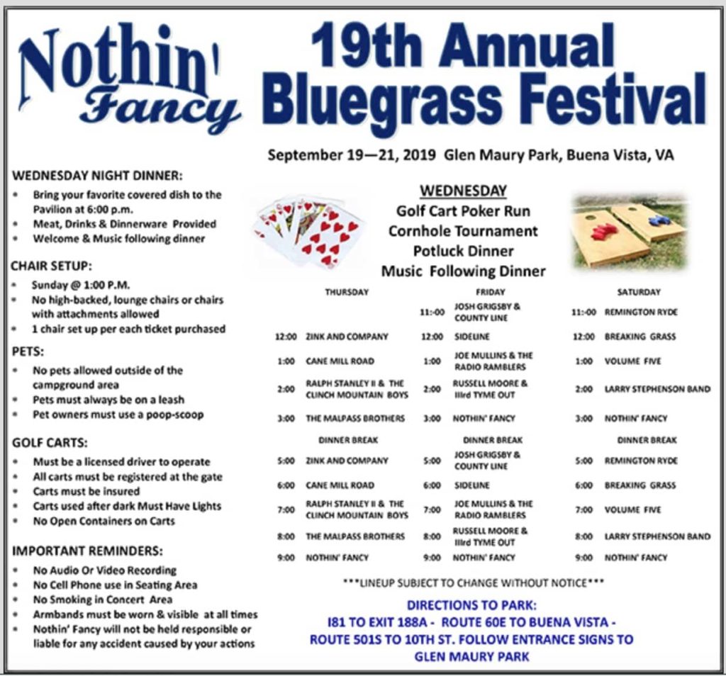 Schedule for the Nothin' Fancy Bluegrass Festival in Buena Vista, VA