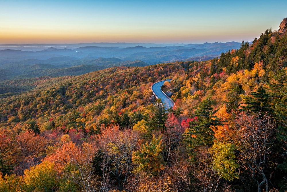 Breathtaking aerial view of the vibrant Blue Ridge Parkway fall colors