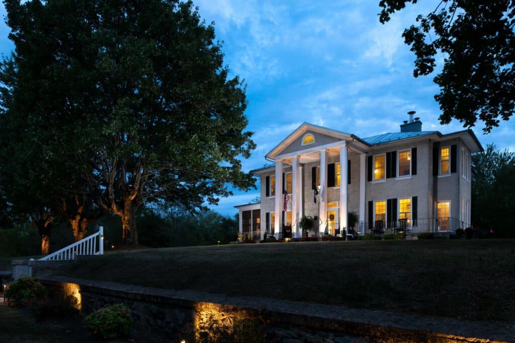 Exterior at night of our stunning Bed and Breakfast in Virginia -the best place to enjoy romantic getaways in Virginia