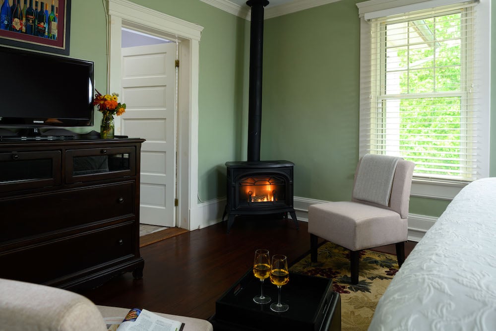 Cozy fireplace in our guest room for romantic getaways in VA - perfect after you've enjoyed all the best things to do in the Shenandoah Valley