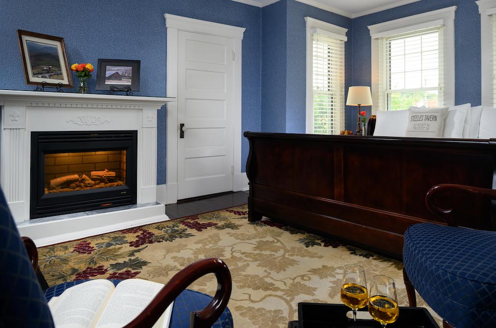 a romantic fireplace in the guest rooms at our Lexington Bed and Breakfast and romantic cabins in Virginia