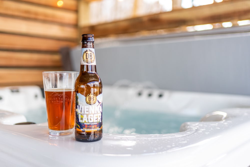 The hot tub and a beer at our romantic cabins in Virginia