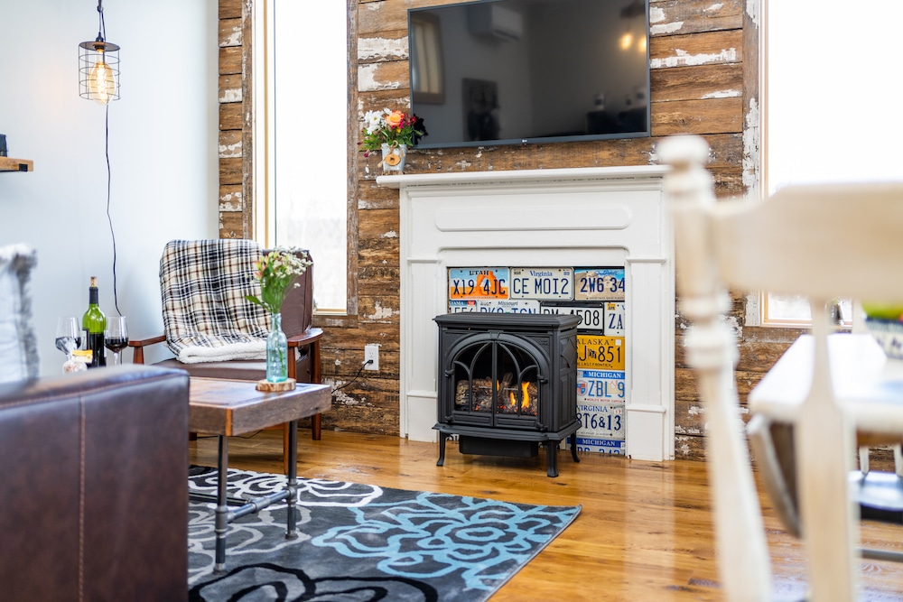 Living area with fireplace at the best cabins in Virginia